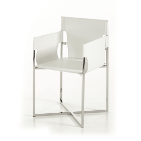 White And Silver Upholstered Faux Leather Dining Arm Chair