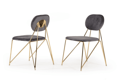 Set Of 2 Mid Century Mod Grey Velvet And Gold Dining Chairs