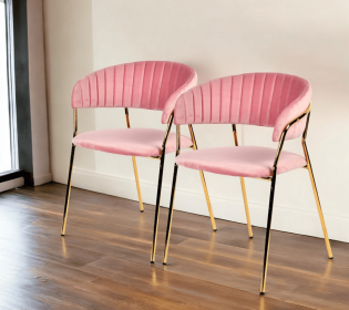 Set of Two Pink And Gold Upholstered Polyester Dining Arm Chairs