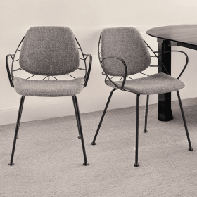 Set of Two Leaf Light Gray Fabric and Black Dining Armchairs