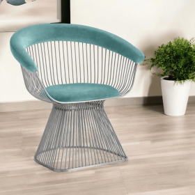 Teal And Silver Velvet Steel Windsor Back Dining Arm Chair