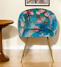Blue Green And Gold Floral Velvet Dining Arm Chair