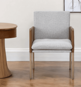 Light Gray And Antiqued Brass Upholstered Fabric Dining Arm Chair