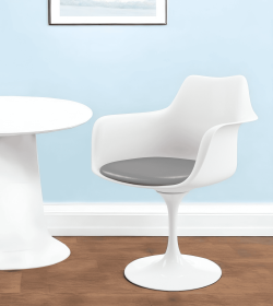 White Heavy Duty Plastic Swivel Dining Arm Chair With Gray Faux Leather Cushion