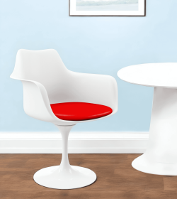 White Heavy Duty Plastic Swivel Dining Arm Chair With Red Faux Leather Cushion