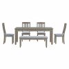 TREXM 6-Piece Retro 72'L Rectangular Dining Table Set with 4 Drawers, 4 Upholstered Chairs & 1 Bench for Dining Room (Grey)