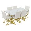 TREXM 7-Piece Modern Dining Table Set, Rectangular Marble Texture Kitchen Table and 6 PU leather Chairs with X-Shaped Gold Steel Pipe Legs for Dining