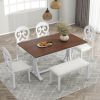 TOPMAX Mid-Century 6-Piece Trestle Table Set with Victorian Round Upholstered Dining Chairs and Long Bench, Cherry+Antique White