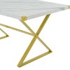 TREXM 7-Piece Modern Dining Table Set, Rectangular Marble Texture Kitchen Table and 6 PU leather Chairs with X-Shaped Gold Steel Pipe Legs for Dining