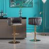 Set of 2 Bar Stools,with Chrome Footrest and Base Swivel Height Adjustable Mechanical Lifting Velvet + Golden Leg Simple Bar Stool-Grey