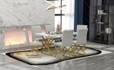 TREXM 7-Piece Modern Dining Table Set, Rectangular Marble Texture Kitchen Table and 6 PU leather Chairs with X-Shaped Gold Steel Pipe Legs for Dining
