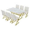 TREXM 7-Piece Modern Dining Table Set, Rectangular Marble Texture Kitchen Table and 6 PU leather Chairs with X-Shaped Gold Steel Pipe Legs for Dining