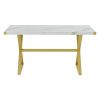 TREXM 7-Piece Modern Dining Table Set, Rectangular Marble Texture Kitchen Table and 6 PU leather Chairs with X-Shaped Gold Steel Pipe Legs for Dining